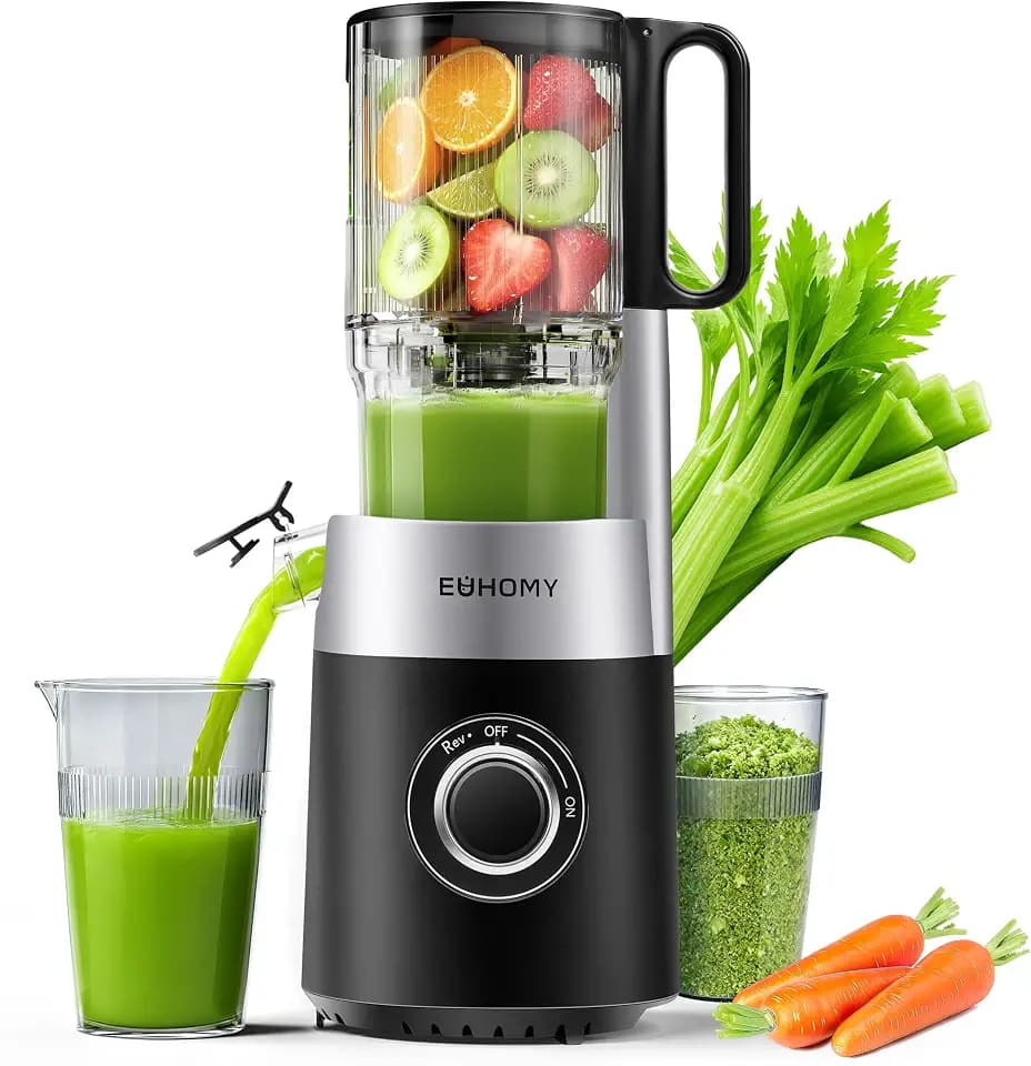 EUHOMY Entsafter, Slow Juicer für Ganze Gemüse und Obst, 135 mm großem Einfüllschacht 1,8 L Füllvolumen, Klingenkonstruktion aus Edelstahl- Leicht zu Reinigender Kaltpresse Saftpresse mit 2 Gläsern