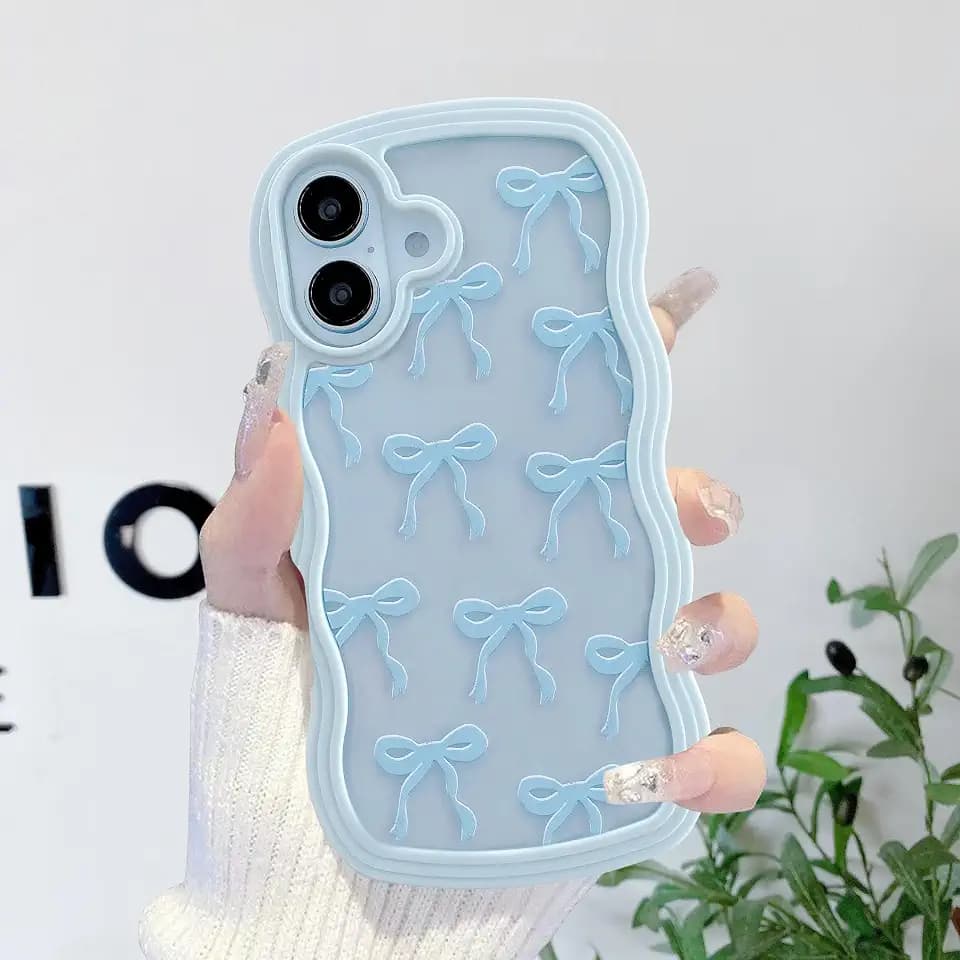 QLTYPRI Cute Bow Case for iPhone 16 Curly Wave Edge, Light Blue