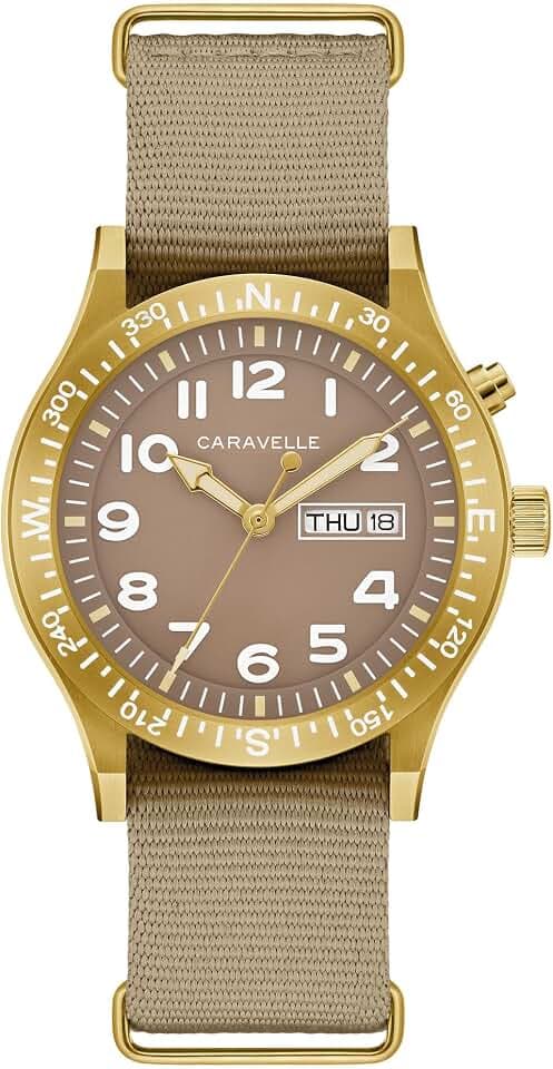 Caravelle by Bulova Men's Quartz Watch, Vintage Lite Up, Taupe Nylon Strap, Taupe Dial, Day/Date Style: 44C113