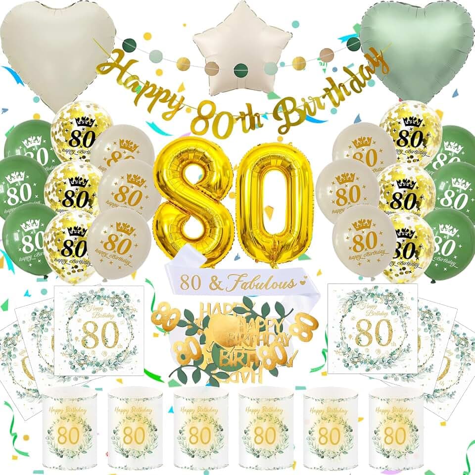 80 Geburtstag Deko Männer Frauen, Grün Gold Zahlenballon 80. Geburtstag Set