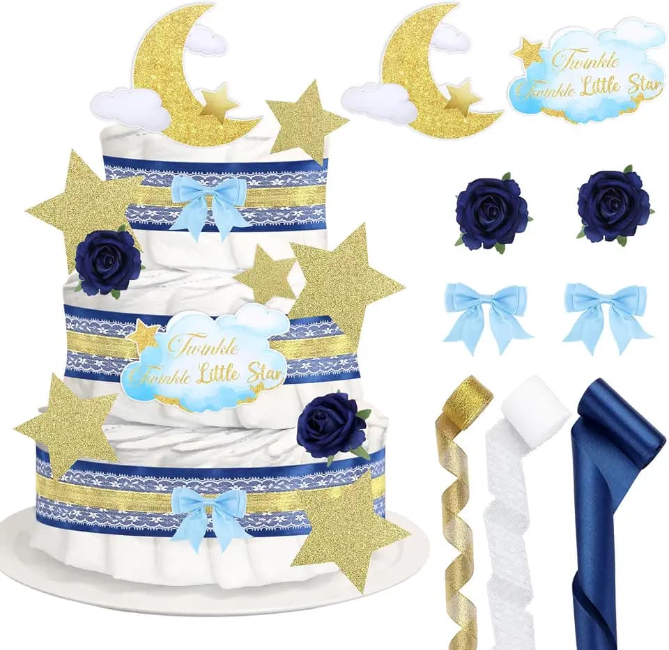 Star Themed Baby Shower Diaper Cake Decorations Blue, Birthday Party Diaper Cake Supplies, Include Ribbon, Bow Tie, Decor Cards, Artificial Flowers(Diapers Not Included)