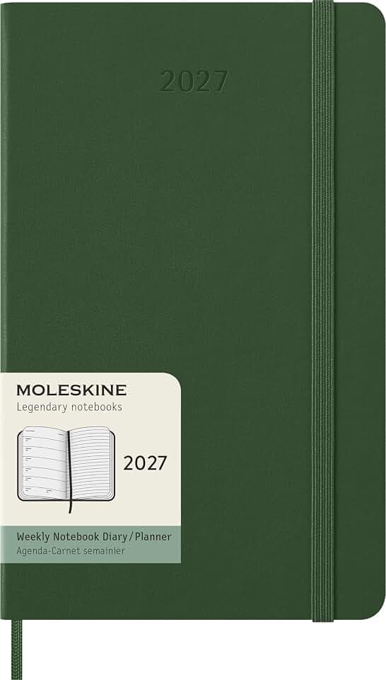 Moleskine Wochenkalender 2027, 12-Monats-Planer mit Platz für Notizen, Hardcover, Elastischer Verschluss, Format Large 13x21 Cm, Farbe Grün Mirto
