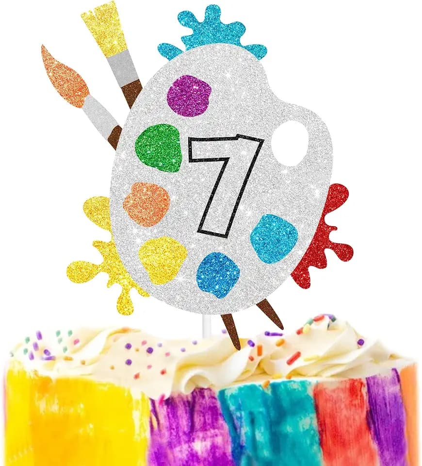 7th Slime Cake Topper - Art Themed Palette Painting Graffi Boy Girl Happy Birthday Party Decorations Supplies - Seven Years Old Birthday Cake Decor