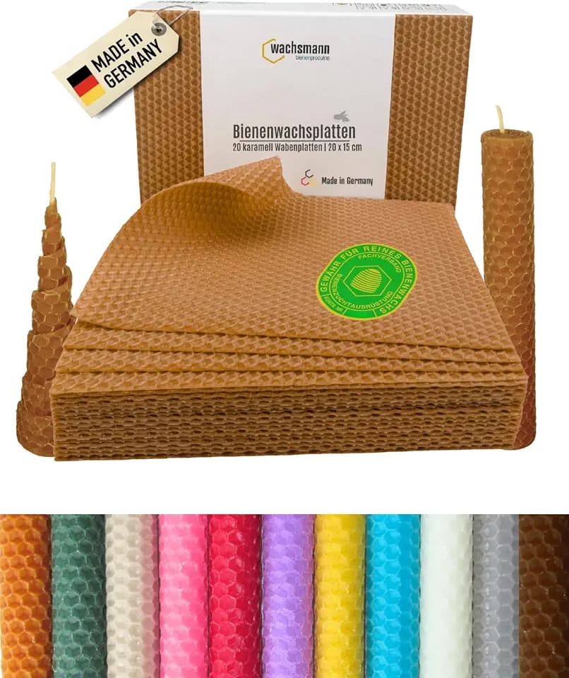 Wachsmann 20 Bienenwachsplatten aus Deutschland, karamell, Wachsplatten 20 x 15 cm, Bienenwachs Kerzen selber machen, Kerzenwachs