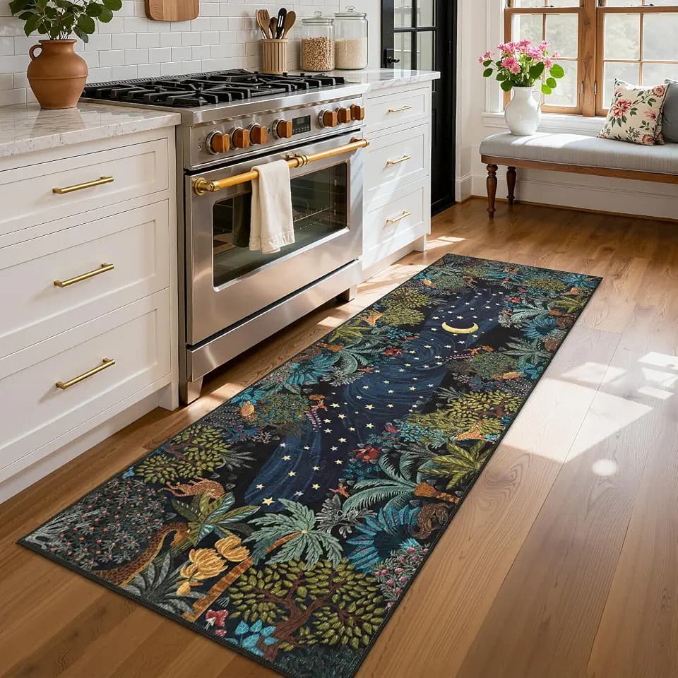 GarveeHome 2x6 Jungle Washable Runner Rug for Kitchen, Soft Animal Print Hallway Runner Non Slip Green Entryway Rug Farmhouse Laundry Mat Stain Resistant Carpet for Bedroom Bathroom