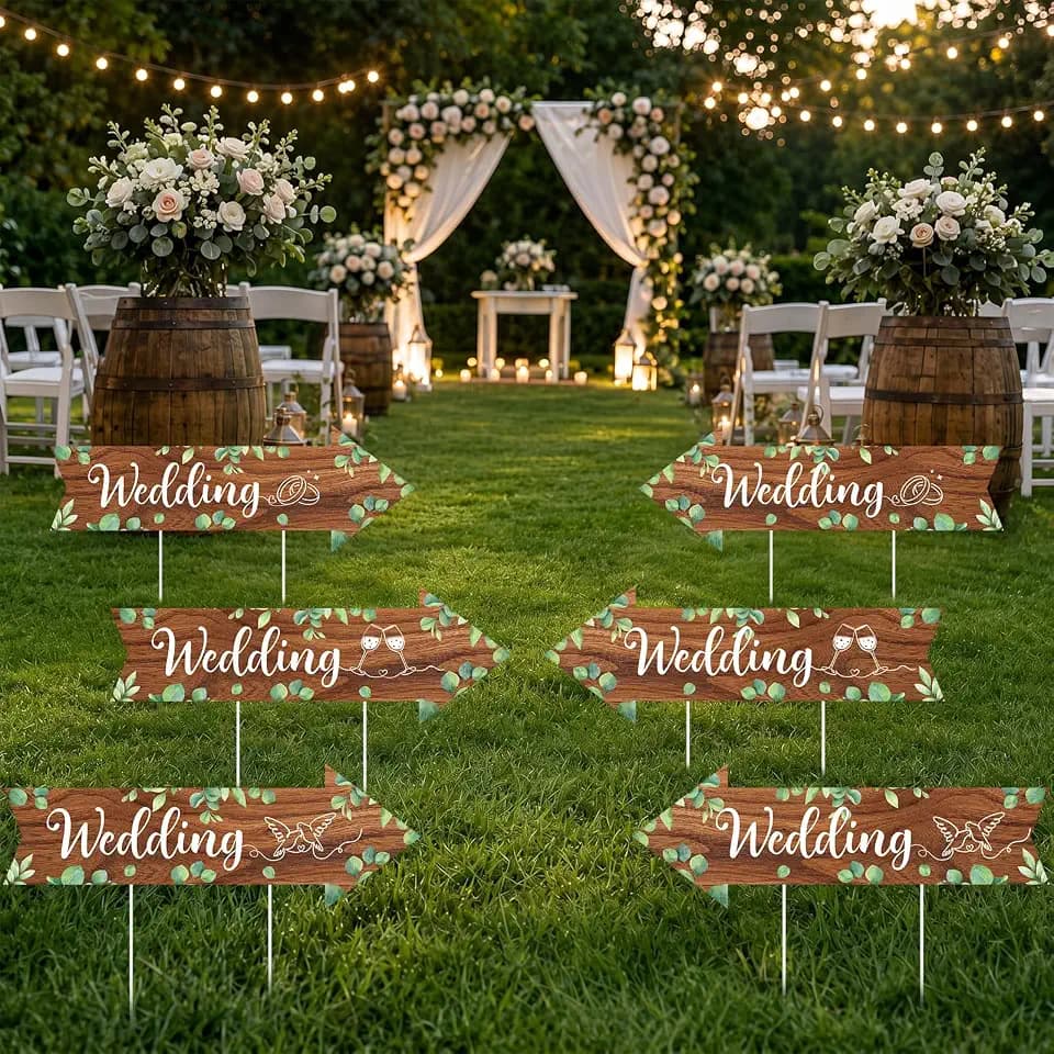 Karenhi 6 Pcs Wedding Direction Road Arrow Sign for Ceremony and Reception Wedding This Way Yard Signs with Stakes 15.7x5.5 In Double Sided Printed Waterproof Stand for Lawn Outdoor Rustic Decor