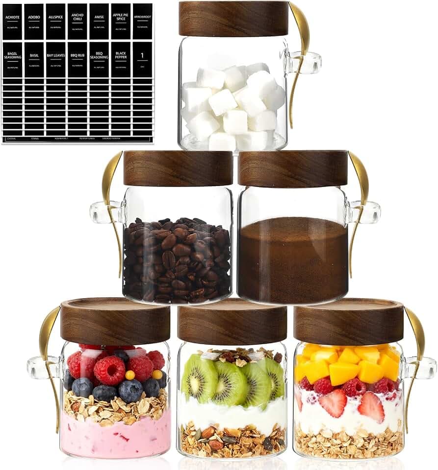 10 oz Small Glass Jar with Spoon and Airtight Wood Lids set of 6,Sugar Ground Herb Canister Round Food Storage Container for Spice Jams Coffee Pasta Candy Rice Loose Tea (300ml/10oz-6Pack)