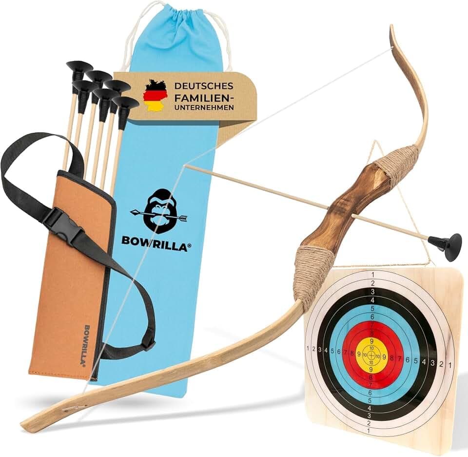 BOWRILLA® Pfeil und Bogen Kinder Set mit 6 Saugnapf-Pfeilen, Zielscheibe aus Holz und Köcher | Bogenschießen Kinder Spielzeug für Indoor- und Outdoor Spiele ab 4 Jahren | Für Rechts- und Linkshänder