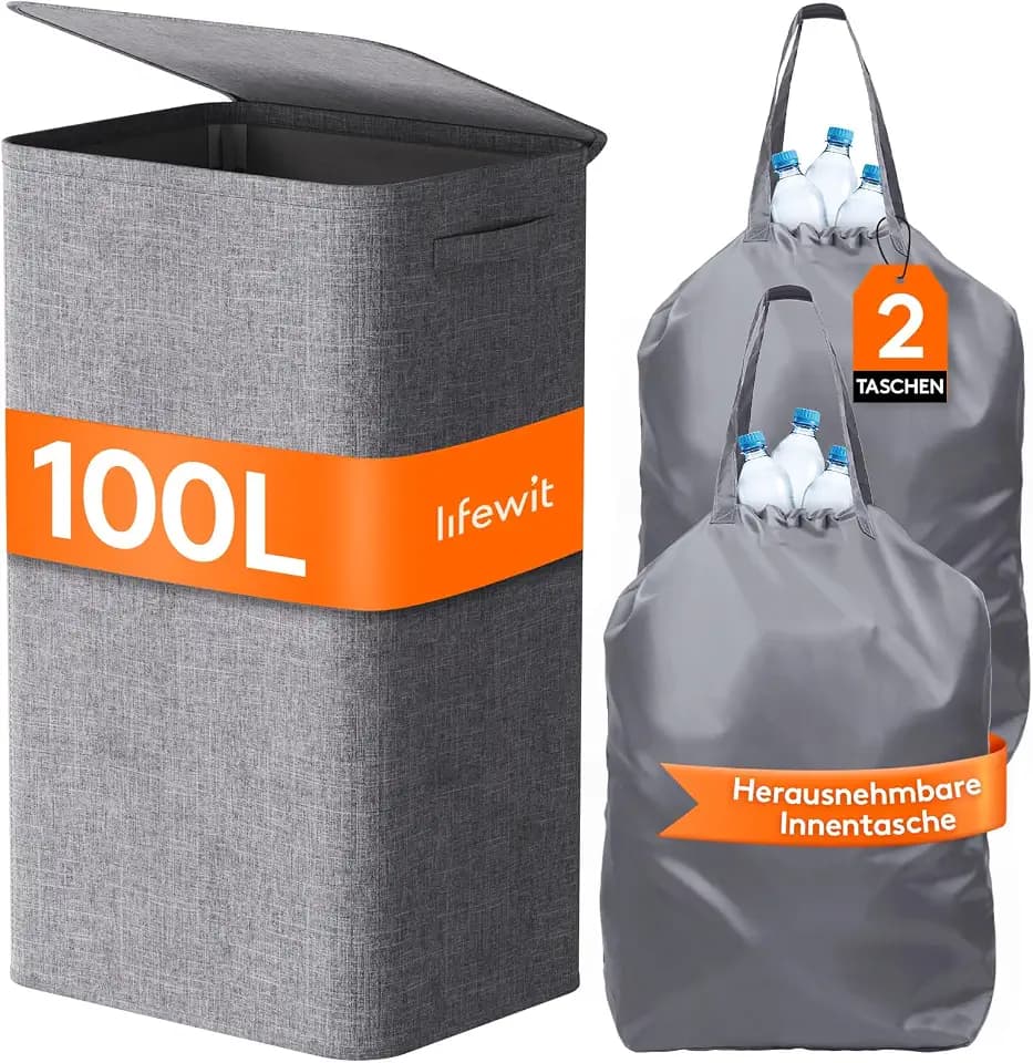 Lifewit 100L Pfandflaschen Sammelbehälter mit Deckel, Grau