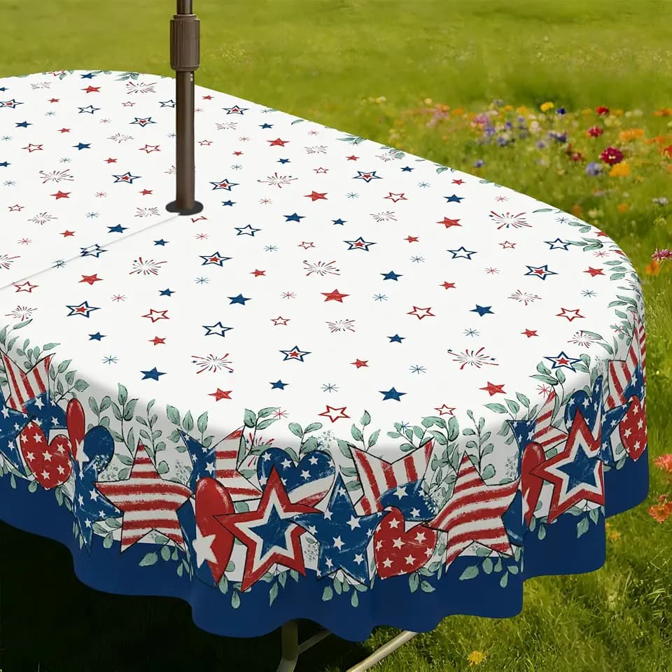 60"X84" 4th of July Oval Outdoor Tablecloth with Umbrella Hole 140g Fabric Patriotic Table Cloths for Memorial Day, Independence Day Decorations