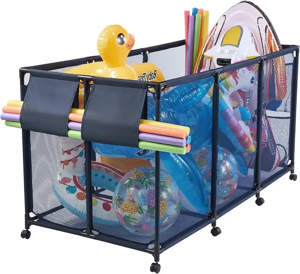VEVOR Pool Storage Bin, 69 x 32 x 35 in, Rolling Pool Float Storage Organizer with Side Pockets & Noodles Holder, Durable Metal Frame, Poolside Toys Breathable Mesh Basket for Swimming Pools