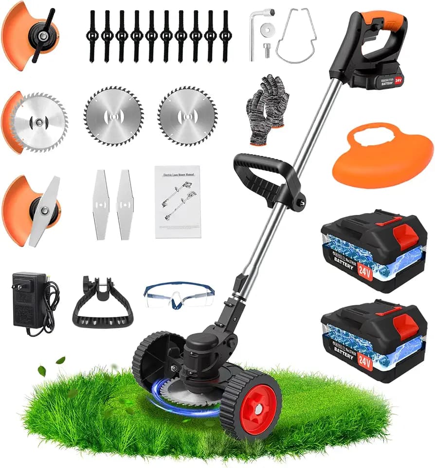 Cordless Weed Wacker 24V, 2 x 4.0Ah Battery Powered Weed Eater with Wheel