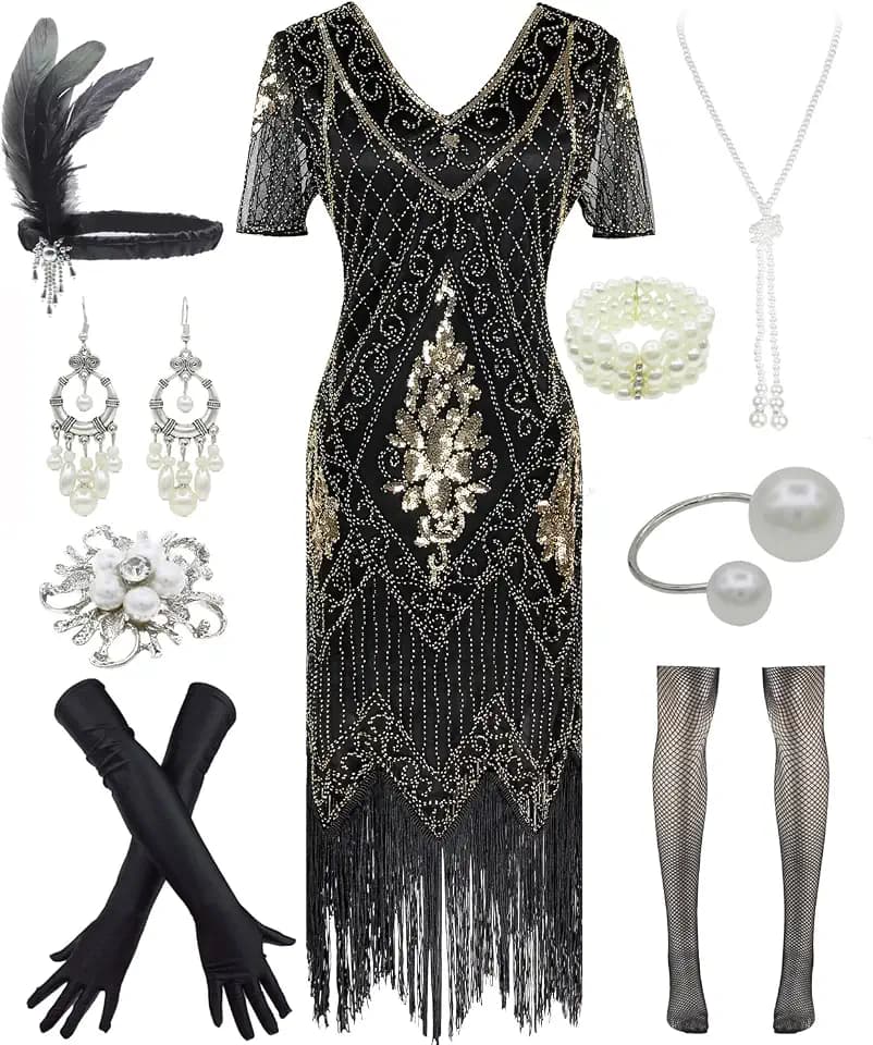 Women 1920s Gatsby Vintage Sequin Flapper Fringe Party Plus Dress with 20s Accessories Set