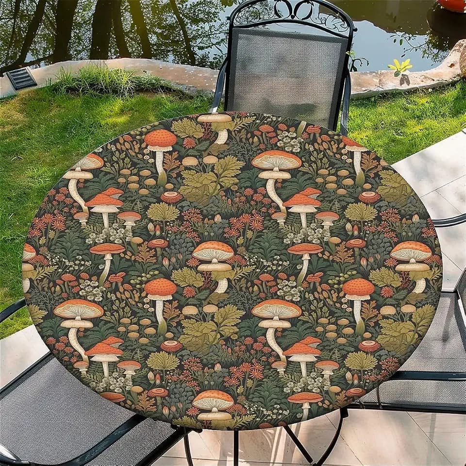 Round Fitted Tablecloth with Elastic Edge, 36"-60" Waterproof Stain Resistant Table Cover for Indoor, Outdoor, Picnic, Dining, Camping, Party, Holiday, 48inch, Vintage Mushroom