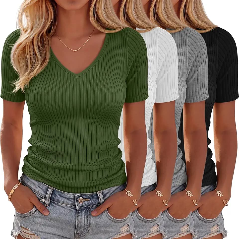 Neer 4 Pack Women's V Neck Cotton Ribbed T-Shirts Slim Fit Top