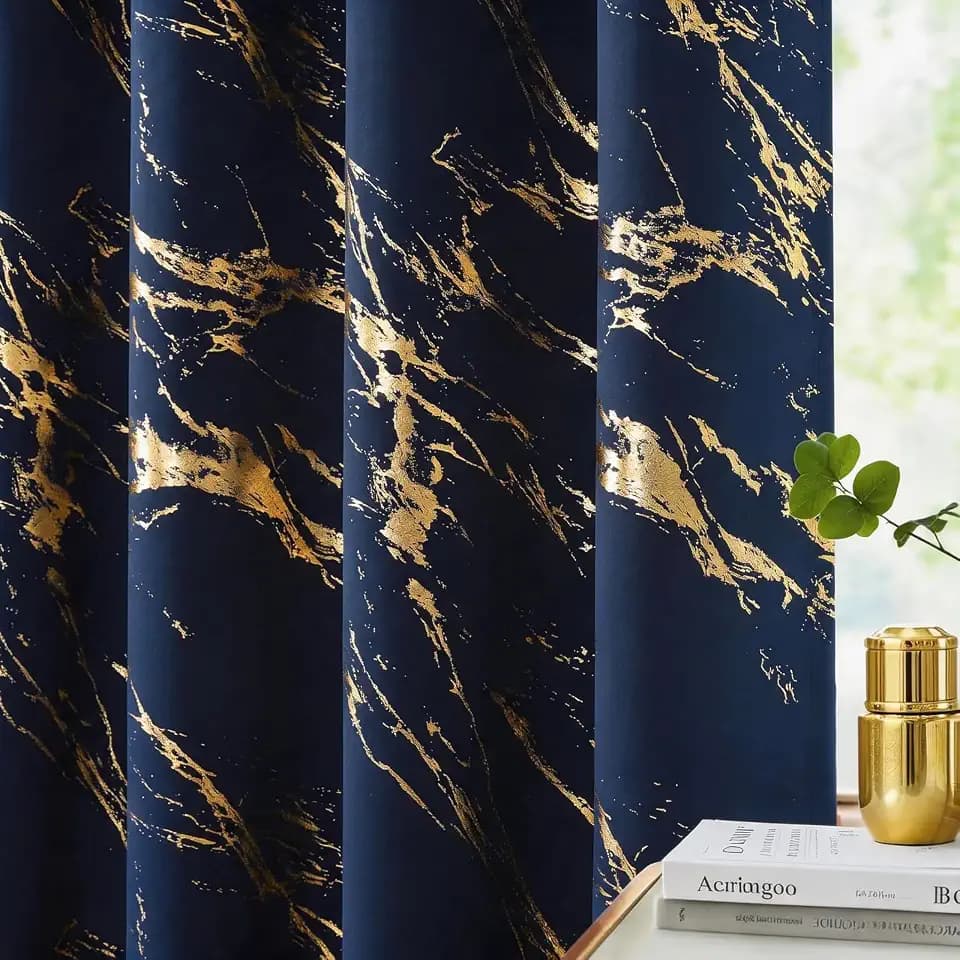 Navy Blue and Gold 100% Blackout Curtains Mable Patterned Bedroom 72 Inches