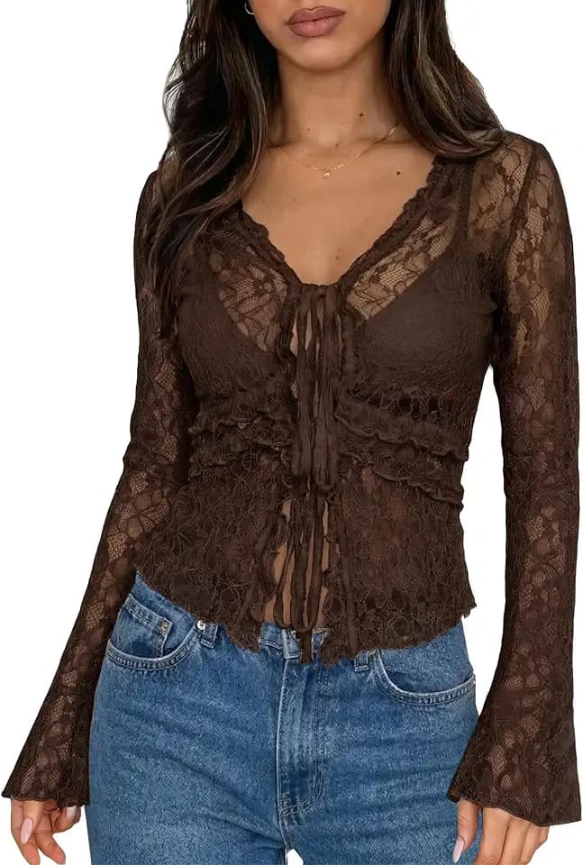 Clarisbelle Summer Women's Bell Sleeve Lace Mesh Sheer Sexy Y2k Shirt Ruffled Hem Tie Front V Neck Vintage Tops