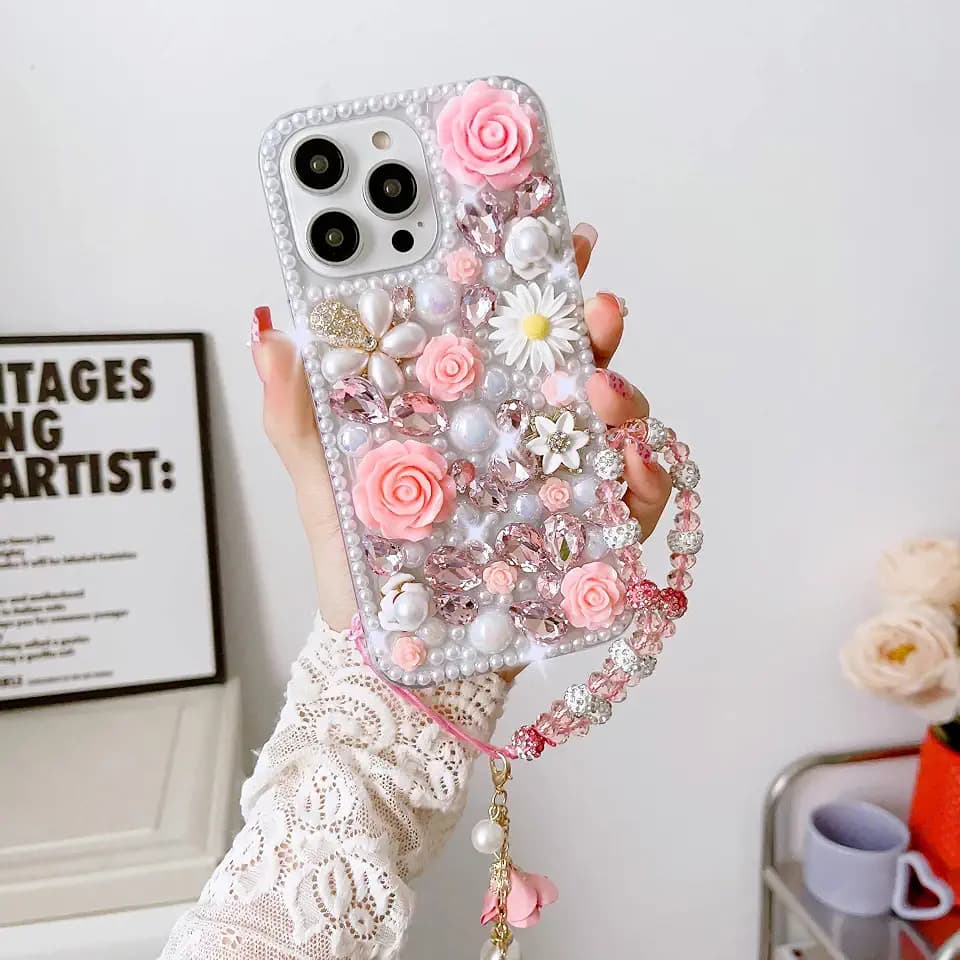 for iPhone 16 Pro Max Bling Case,Luxury Crystal Rhinestone Flowers Glitter Diamond Pearl Women Girls Kids Case Cover with Lanyard for iPhone 16 Pro Max 6.9 inch