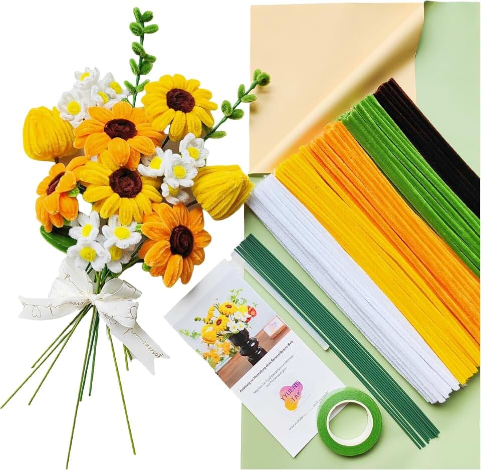 YYUENGTAK Sonnenblumen Blumenstrauß,Pfeifenreiniger Blumen Set,mit 210 Stück Pfeifenputzer zum basteln Blumen(5 Farben),Anweisungen,12 Stück Grün Basteldraht,Geschenkpapier,Geschenkband,Blumenband