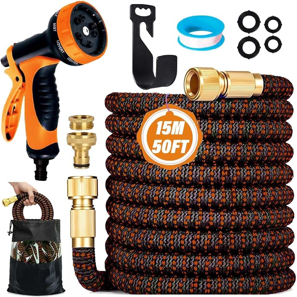 Funnity Flexibler Gartenschlauch 15m, Dehnbarer Wasserschlauch, orange