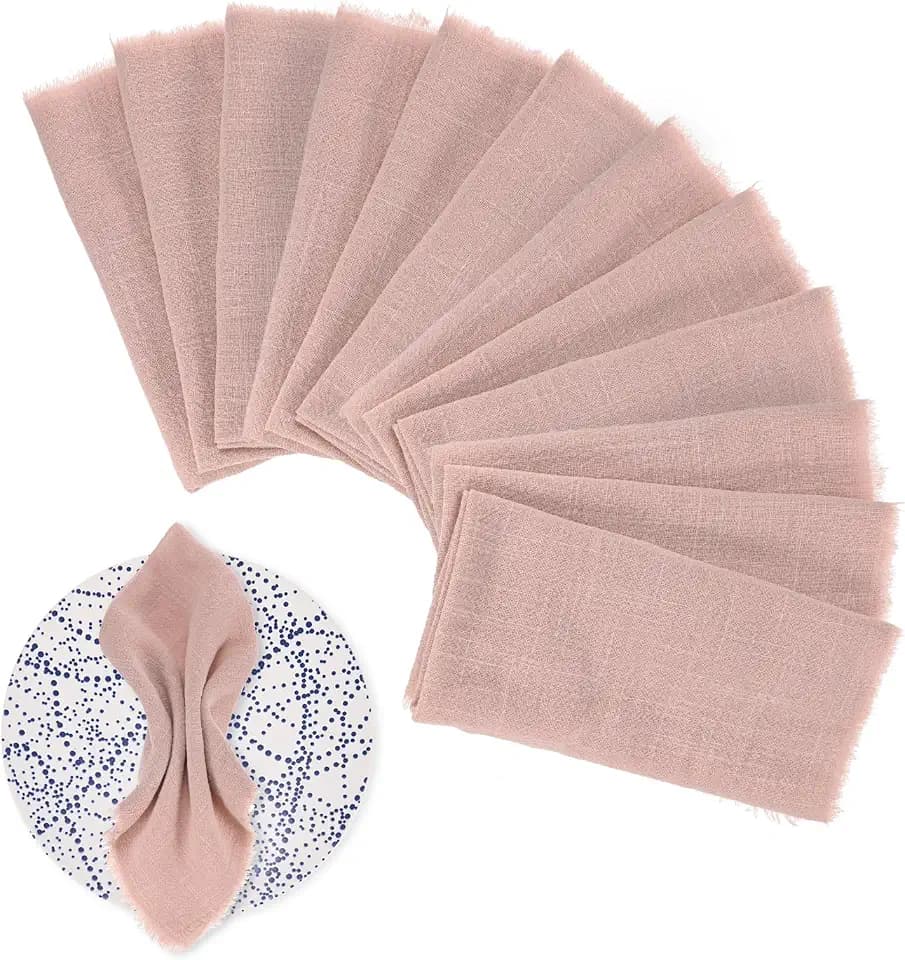 M METERXITY 12-Pack Cloth Napkins, 17 x 17 Inch Cotton Linen Napkins Bulk Washable for Wedding/Dinner/Parties [Peach Pink]