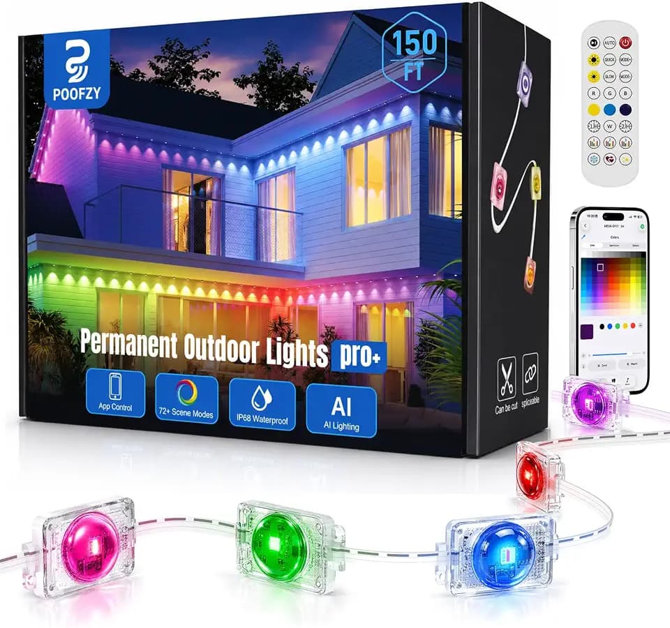 POOFZY Permanent Outdoor Lights 150FT, RGB+IC Smart Outdoor Lights for House, App & Voice Control, Waterproof Outdoor Eave Lights for Christmas Holiday Patio Yard Decor