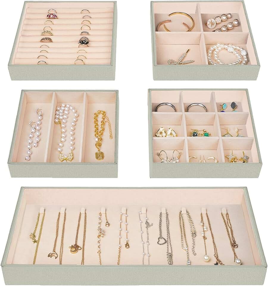 ProCase 5er-Set Schmucktablett Organizer Schmuckschalen, Stapelbar Schmuck Schublade Organizer, Schmuckeinsatz Schmuckaufbewahrung für Halsketten, Armbänder, Ohrringe, Ringe,Uhren-Grau