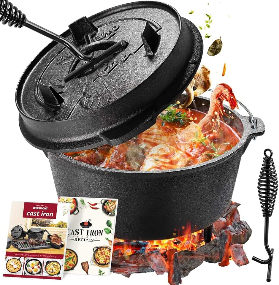 OVERMONT Dutch Oven Gusseisen Topf - Eingebrannter Feuertopf mit Füßen 2in1 Deckel Rezeptbuch und Deckelheber - für Abenteuer Garten Lagerfeuer Camping Größe L