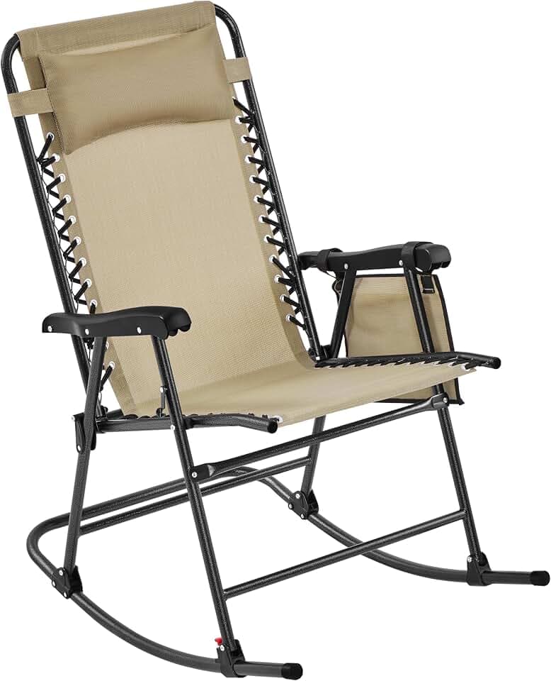 Yaheetech Schaukelstuhl Gartenstuhl mit Kopfkissen bis 120kg, Beige | Faltbar Terassenstuhl Balkonstuhl mit Ergonomischer Rücklehne & Armlehne für Garten Veranda Pool