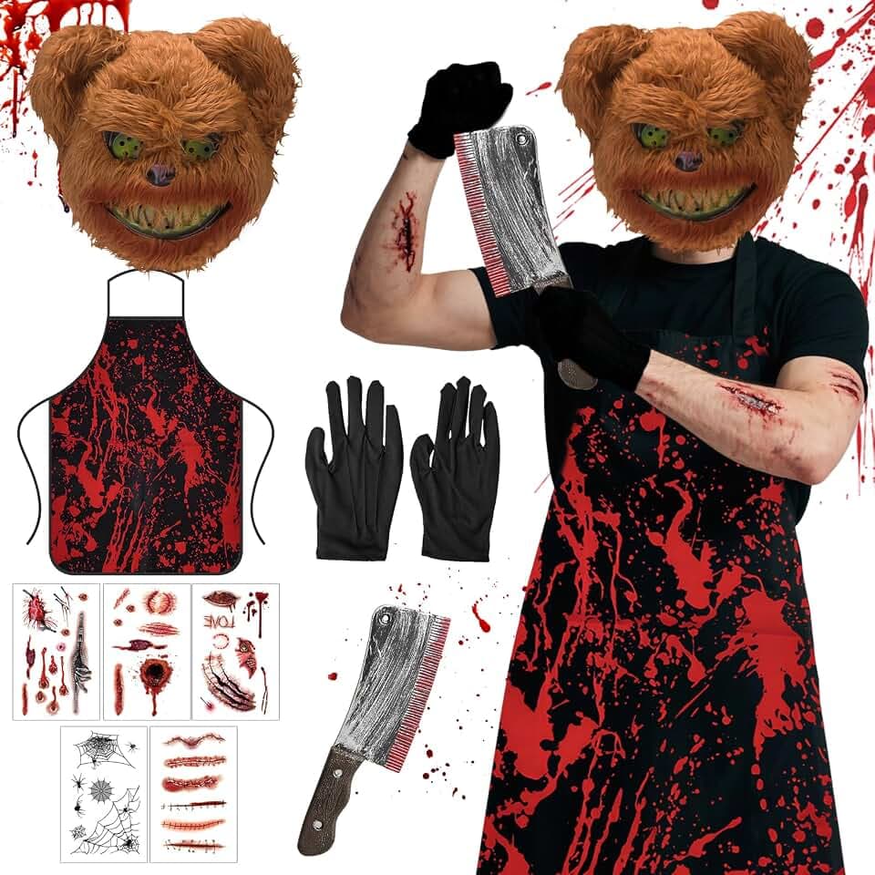 Halloween Kostüm Horror, Schlachter Kostüm, Helloween Maske Bear Costume+Halloween Messer mit Blut+halloween Schürze Blut+Narben Tattoo Halloweens+Handschuhe,Geeignet für Karnevalspartys, Rollenspiele