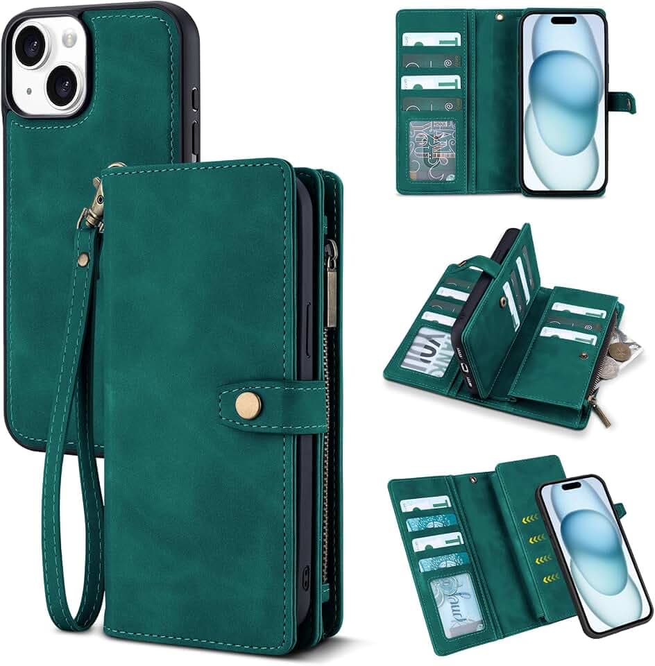 TwoHead for iPhone 15 Wallet Case with 11 Card Holders,Green