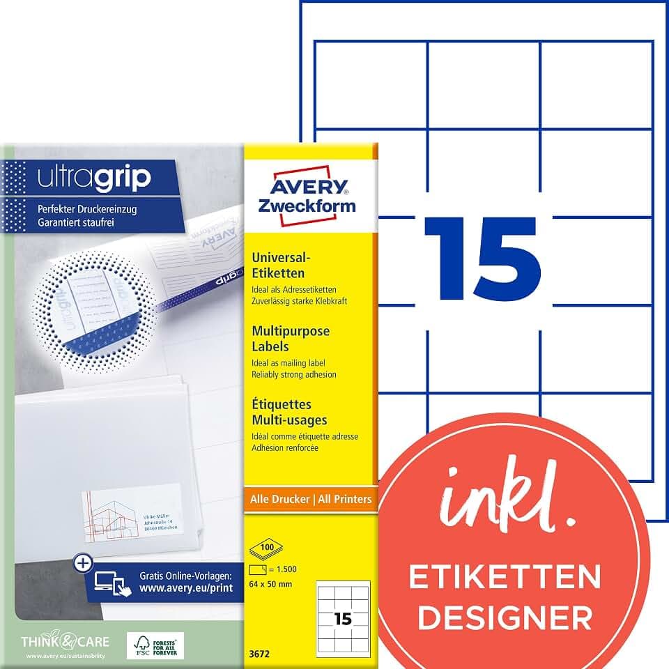 AVERY Zweckform 3672 Adressaufkleber (1.500 Klebeetiketten, 64x50mm auf A4, Papier matt, individuell bedruckbare Absenderetiketten, selbstklebende Adressetiketten mit ultragrip) 100 Blatt, weiß