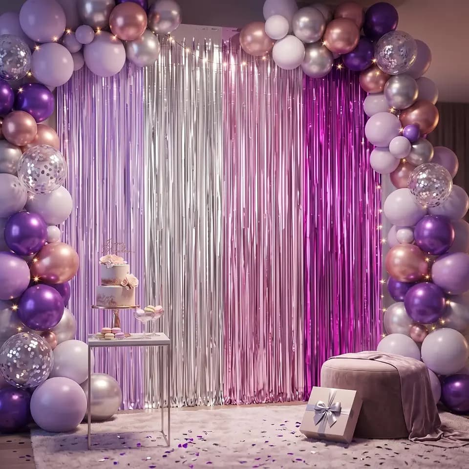 Frienda 4 Pcs Purple and Silver Fringe Backdrop Curtains 6.6ft