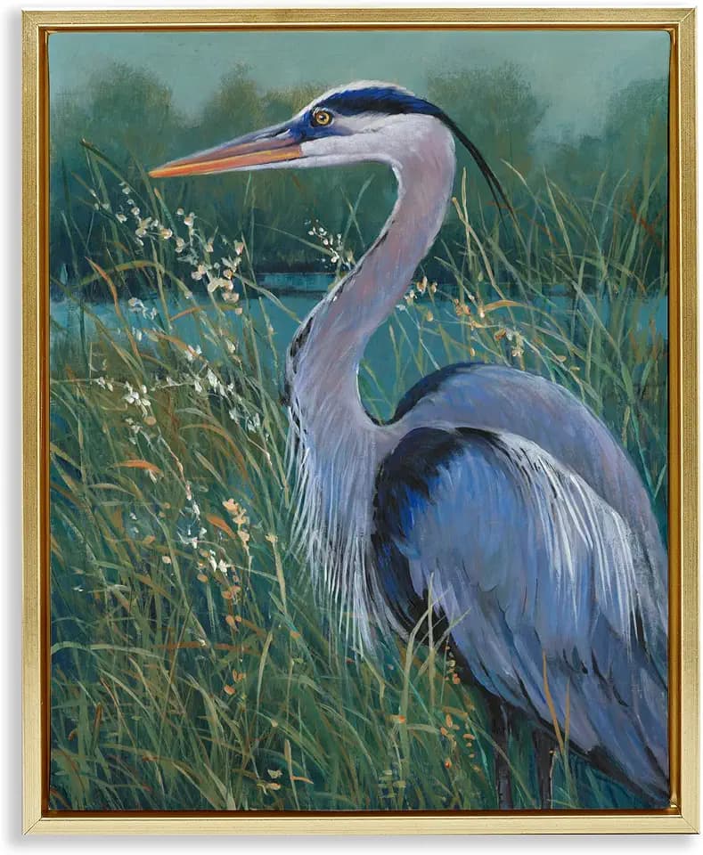 Stupell Industries 'Heron at Lake Painting'| Floating Frame Canvas Art