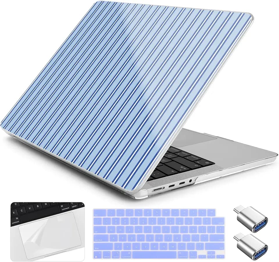 Case for MacBook Pro 16 inch M5 M4 M3 M2 M1 Pro/max 2026 2025-2021 A3429 A3428 A3403 A3186 A2991 A2780 A2485, Plastic Hard Shell & Keyboard Cover &Trackpad Protector&2 OTG, Blue Stripes