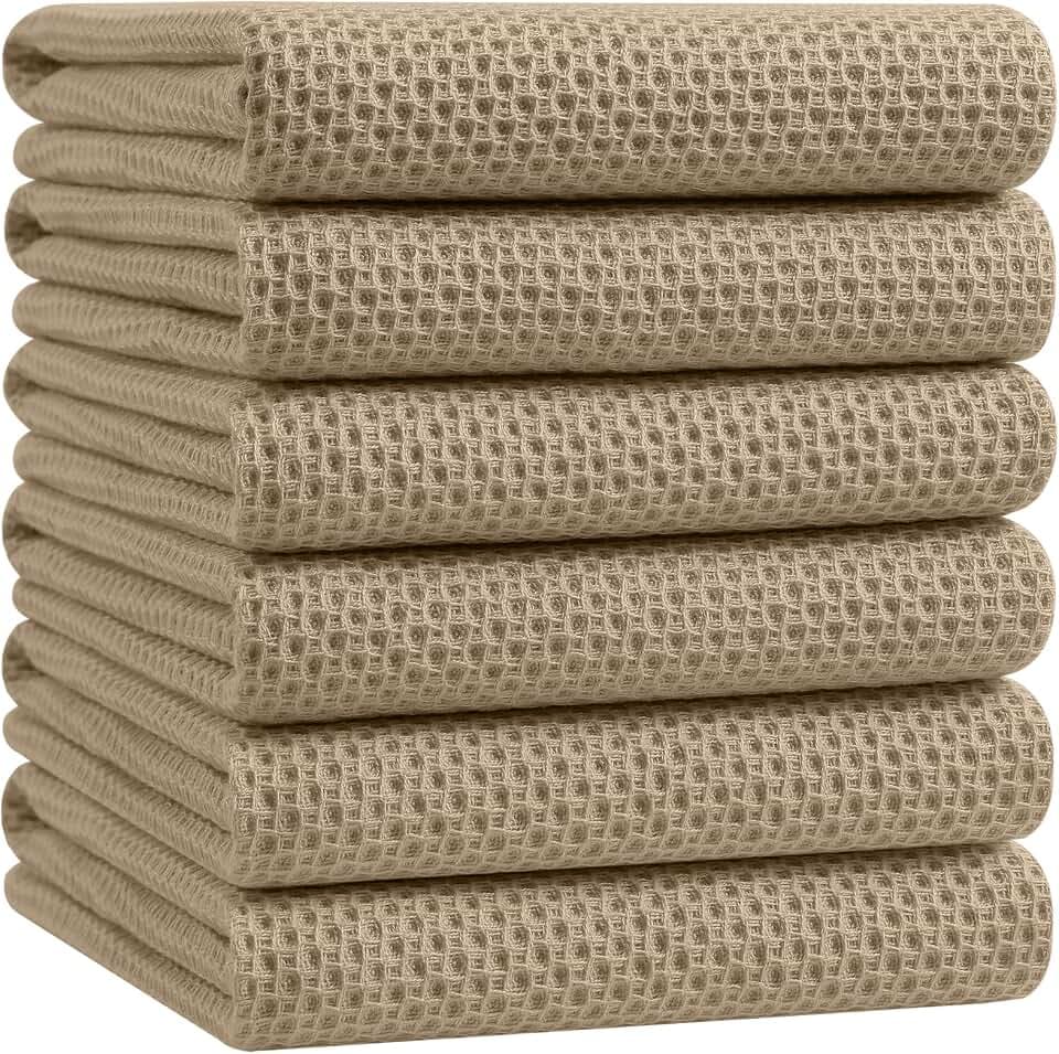 Homaxy 100% Cotton Oversized Waffle Weave Kitchen Towels 6-Pack, Tan