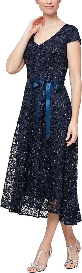 Alex Evenings Women's Tea Length Dress with Rosette Detail (Petite and Regular)