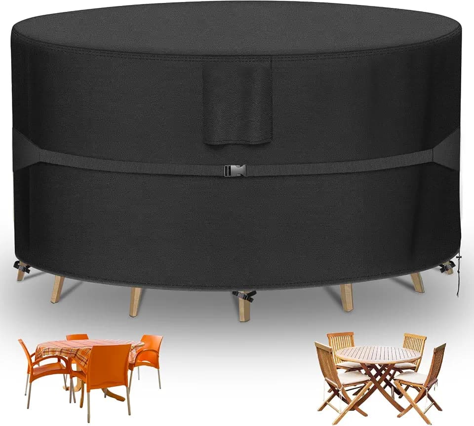 RICHIE Round Patio Furniture Covers - 600D Heavy Duty Waterproof Outdoor Table Cover, Lawn Furniture Set Covers for Dining Table and Chairs Seating 62"DIAx28"H