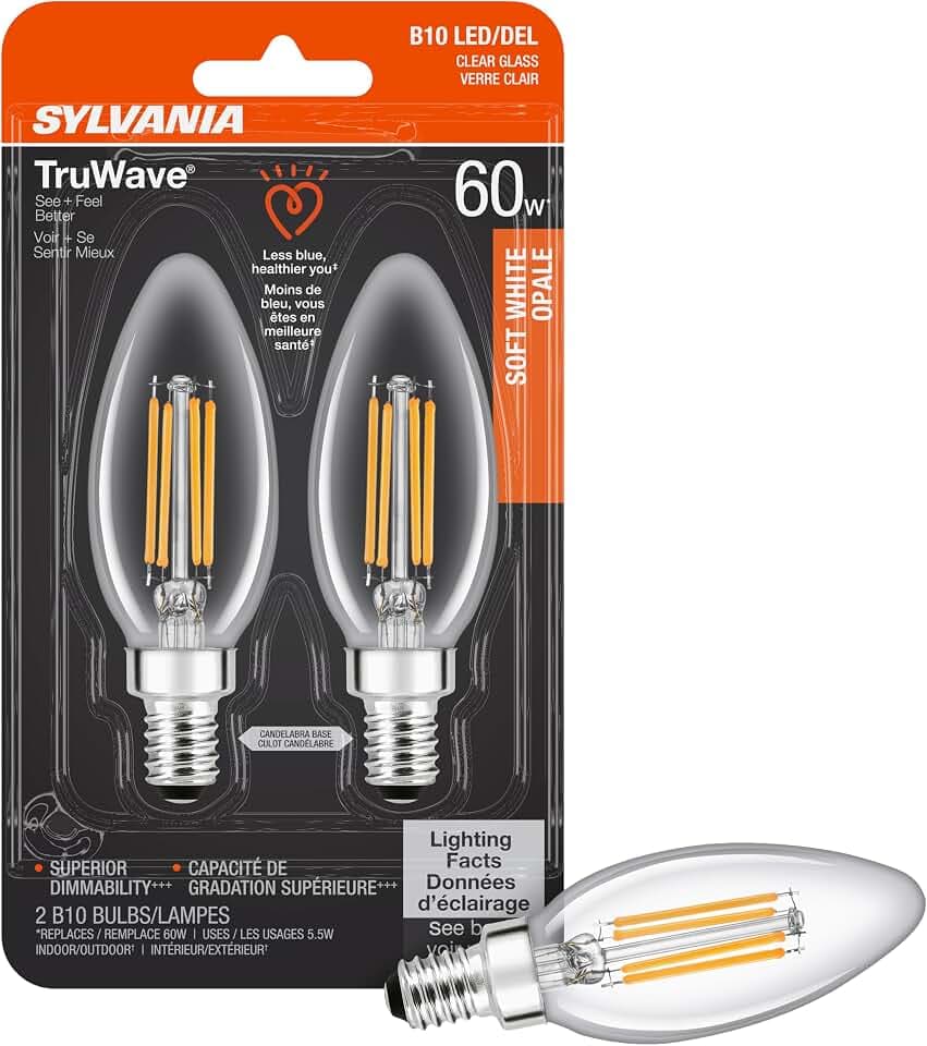 Sylvania LED TruWave Natural Series Décor B10 Light Bulb, 60W Equivalent Efficient 5.5W, Candelabra Base, Dimmable, Clear 2700K, Soft White - 2 Pack (40796)