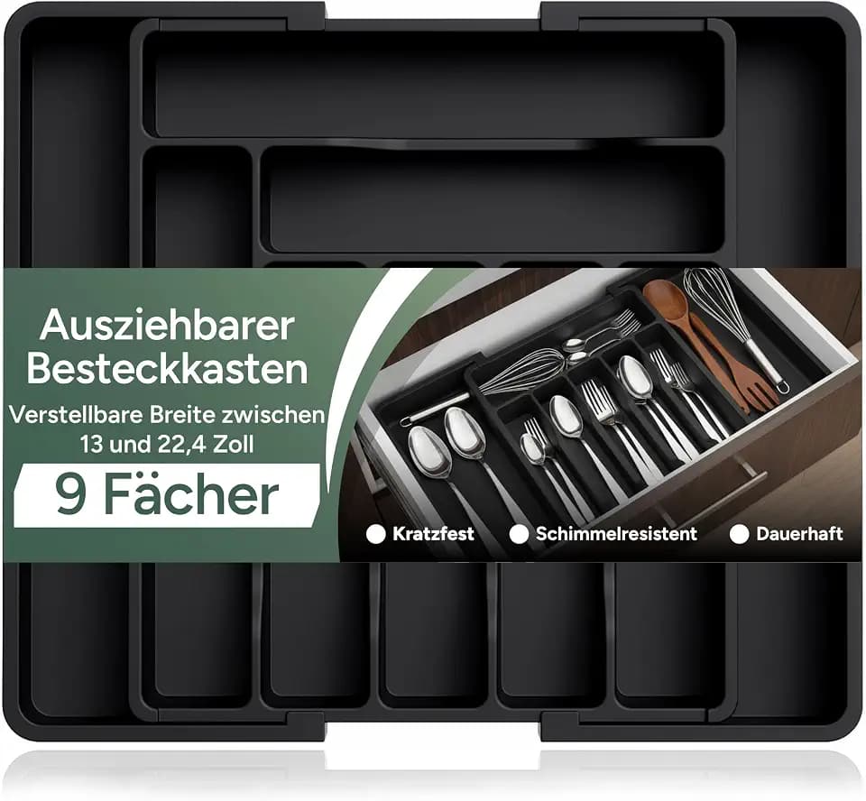 Zuvo Besteckeinsatz Schublade Ausziehbar - Schwarz, 9 Fächer | Passend für 33–57cm Schubladen | Kratz- & Schimmelresistent