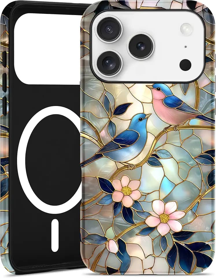 Magnetic Flower Case for iPhone 18 Pro Max/17 Pro Max, Blue Bird