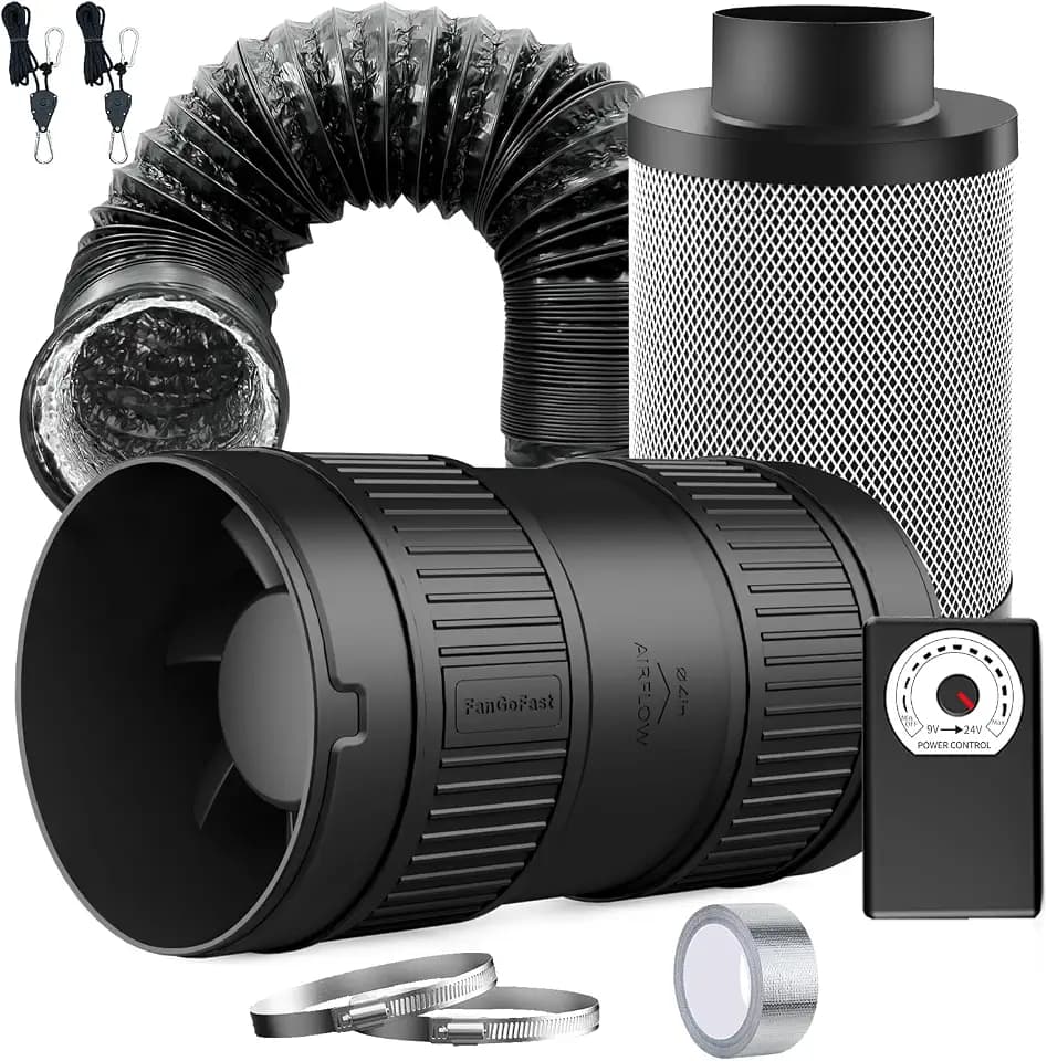 FanGoFast Lüftungsset 100mm Rohrventilator 221m³/h mit Drehzahlregler, Aktivkohlefilter, Abluftschlauch, Aluminiumfolienband und Klemmen – Belüftungssystem für Growzelt Gewächshaus‌