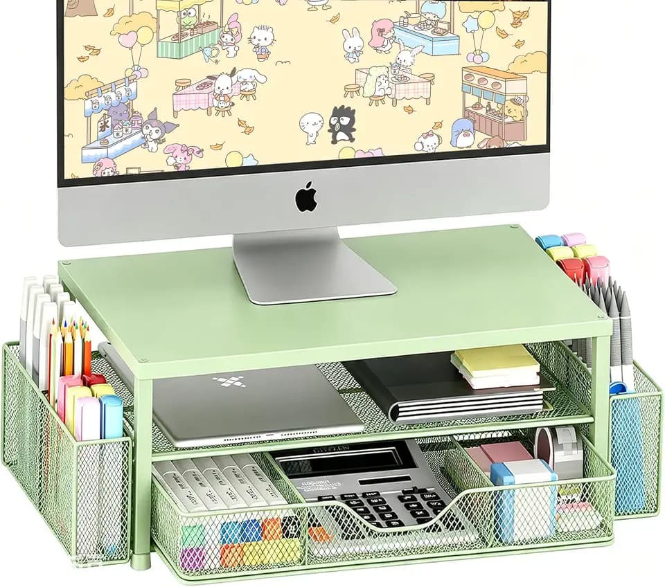 OPNICE Desk Organizers and Accessories, Computer Monitor Stand Riser with Drawer and 2 Pen Holders, Printer & Laptop Stand, Office Desk Accessories & Workspace Organizers for Home Office Supplies, Green
