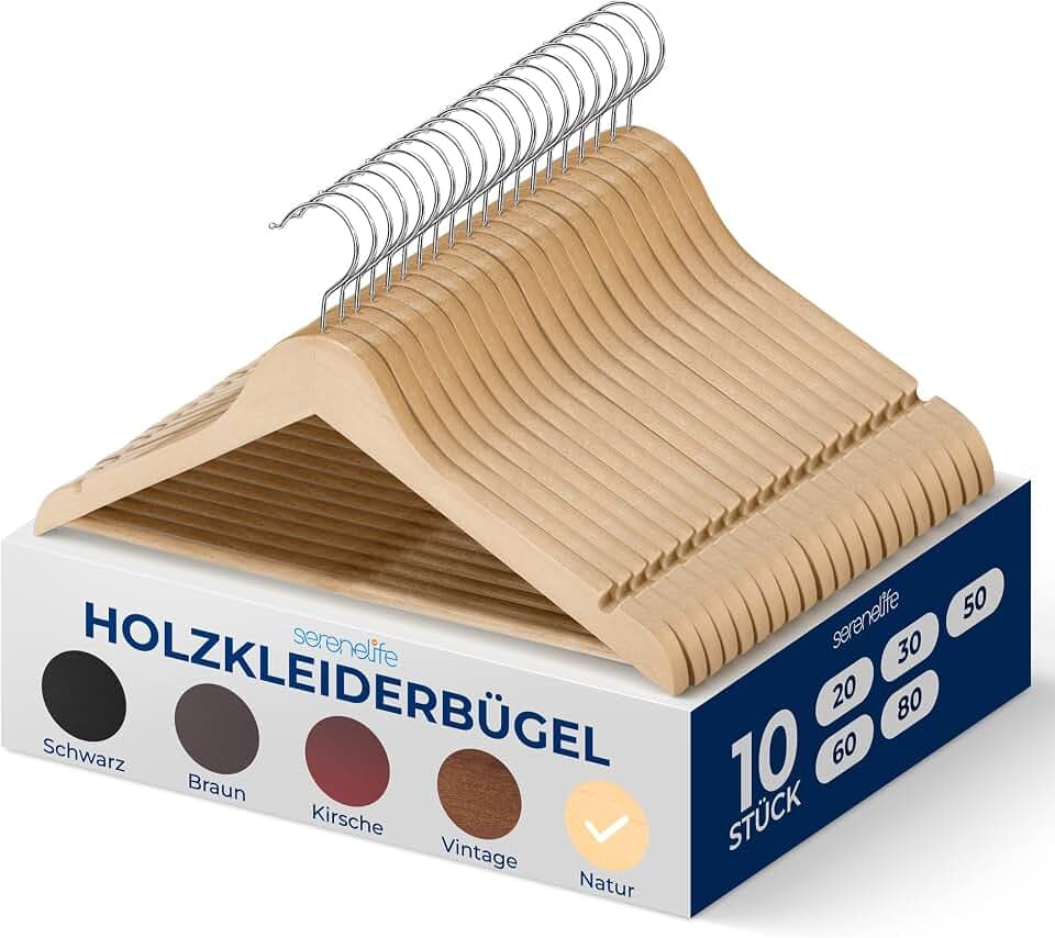 SereneLife Kleiderbügel Holz, 10 Stück- Holzbügel, Wooden Hangers, Hangers Clothes-Robust & Platzsparend, 360° drehbarer Haken, Einkerbungen im Schulterbereich für Anzüge, Jaken, bis 5Kg