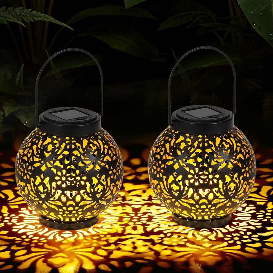Homemory 2 Pack Solar Hanging Lanterns Lights Outdoor, Waterproof Black