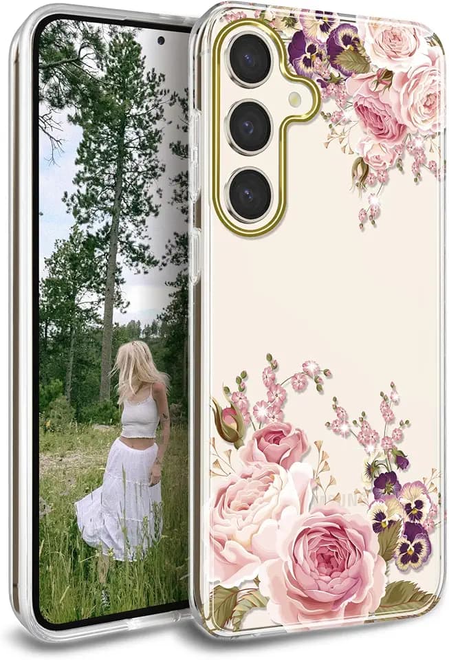 JAHOLAN Handyhülle Galaxy S24 Hülle TPU Silikon Schlank Schutzhülle Handytasche Handy Hülle für Samsung Galaxy S24 5G Transparent Blume Rose Pink