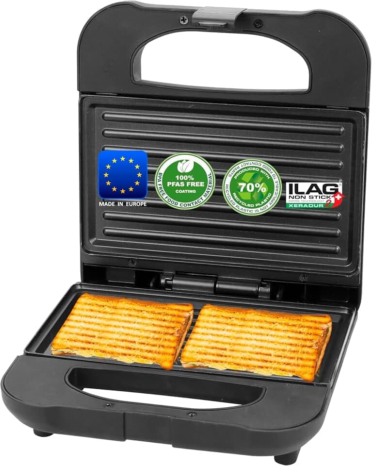 Emerio Sandwichmaker Paninigrill | MADE IN EUROPE | PFAS-freie Antihaftbeschichtung von ILAG (Xeradur 2) | hergestellt aus ca. 70% recyceltem Kunststoff - sehr nachhaltig | 700W | ST-130038