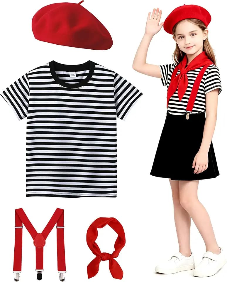 Kids Mime Artist Costume for Boys Girls French Artist Outfit Suit Halloween Cosplay 3-12y