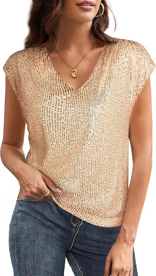 GRACE KARIN Damen Pailletten Bluse V-Ausschnitt Glitzer Oberteile Kurzarm Vintage Paty-Bluse Cocktail Club Night Outfits