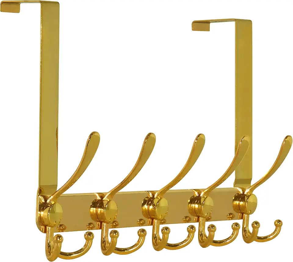 Dseap Over The Door Hook Hanger - Fits 1 3/8" to 1 3/4" Standard Doors | 5 Tri Hooks Heavy Duty Towel/Coat Rack | Door Organizer for Clothes, Jackets, Hats, Towels, Gold
